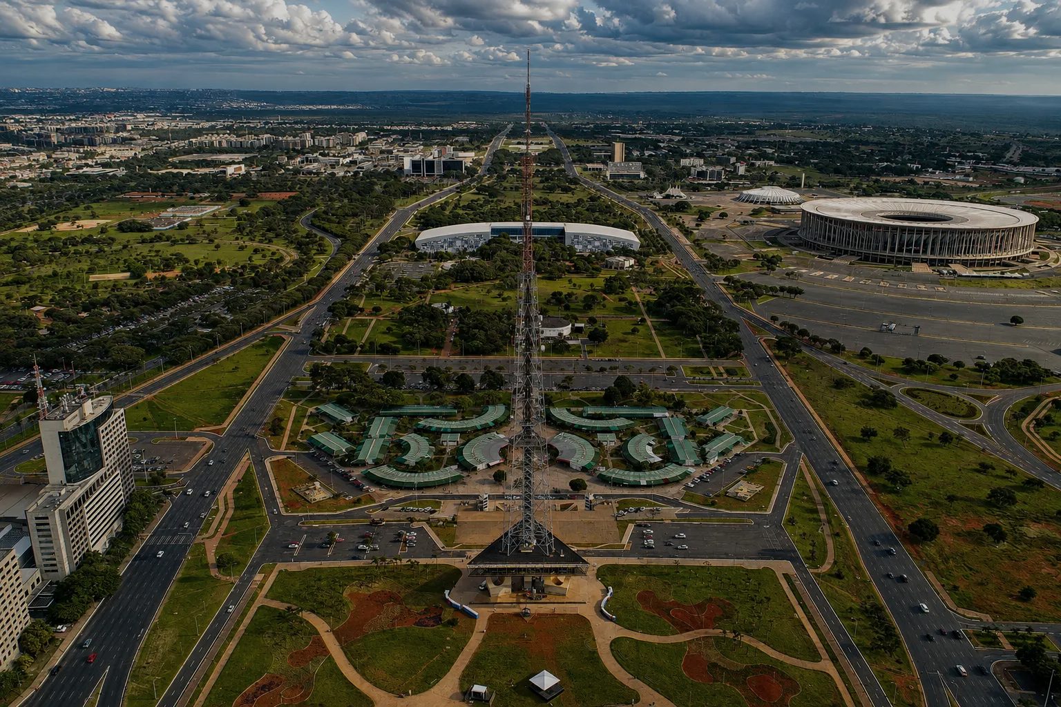 Vista aérea de Brasília, Torre de TV, Eixo Monumental e Estádio Mané Garrincha