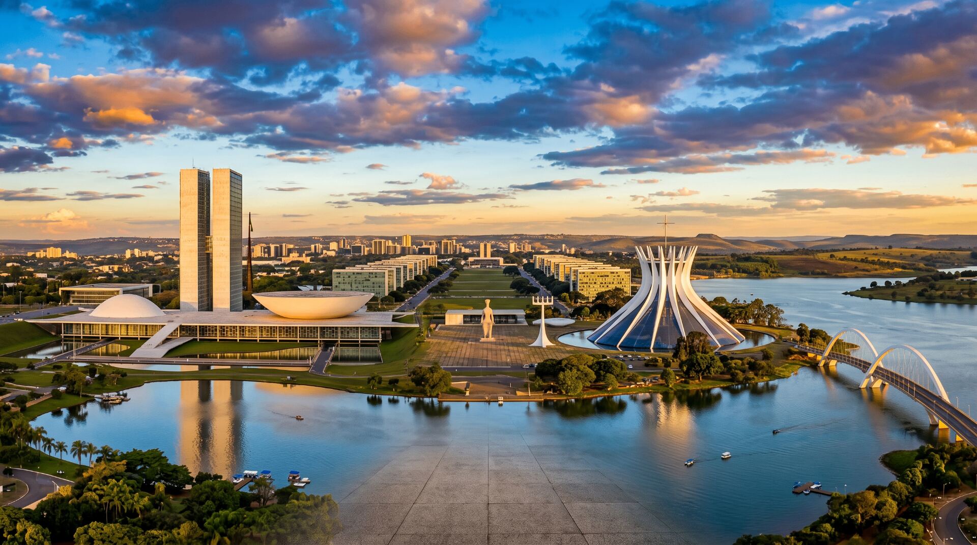 Vista aérea de Brasília ao entardecer — Congresso Nacional, Catedral e Ponte JK